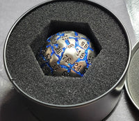 New! Brilliant 15 ounce - Solid Metal Single Piece D100 in Silver with Blue Cracked River, Mesmerizing Blue Glitter D100, In Padded Case