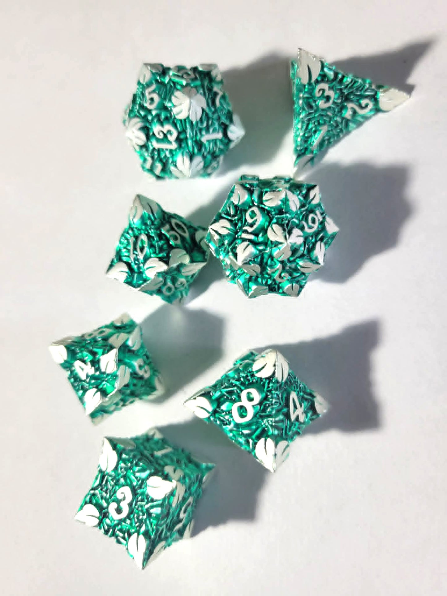 New! DND Metal Dice Set Teal Silver Leaf Fantasy RPG Game Polyhedral Dice Gift for TTRPG Lover Dungeon Masters, Tabletop Gamers, Nature Lovers