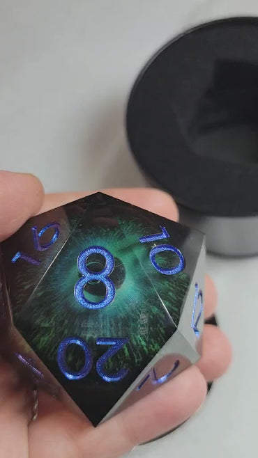 LiquidCore D20 50mm Dragon Eyeball Sharp Edge Purple, Green and Blue,  Moving Eye 2" 20-sided die, Polyhedral gift, 2 inch eye die D20
