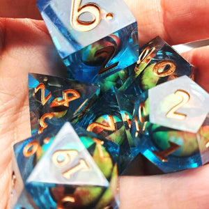 New! Translucent Teal-Blue Clear Resin Sharp Edge LiquidCore Eye Dice Set