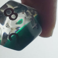 Clear and Green Dragon Eye Inclusion Resin Dice Set with Silver Numbering