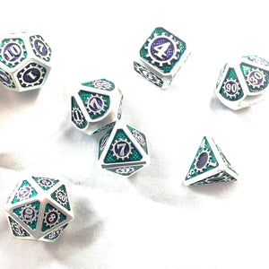New! Solid Metal Dice Set with Gears Design in Silver, Purple & Teal, like Mardi Gras!