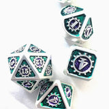 New! Solid Metal Dice Set with Gears Design in Silver, Purple & Teal, like Mardi Gras!