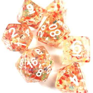 Fun, Clear Confetti Party Resin Dice Set with White Numbering