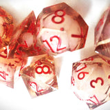 NEW!  Clear with Opal Glitter LiquidCore and Crimson Red Numbers Dice Set