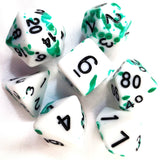 New! White Acrylic Dice Set with Green Splatter and Black Numbering