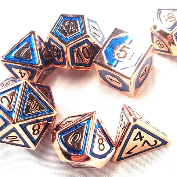 Vibrant Solid Rose Gold Metal Dice Set with Blue Shimmer Inlay and Black Engraved Numbering