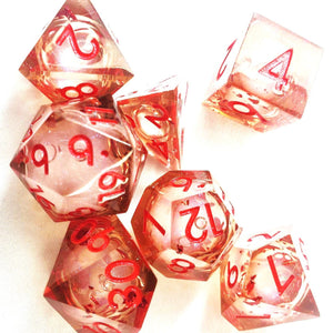 NEW!  Clear with Opal Glitter LiquidCore and Crimson Red Numbers Dice Set