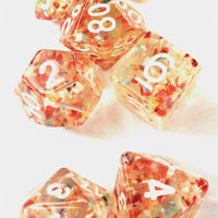 Fun, Clear Confetti Party Resin Dice Set with White Numbering