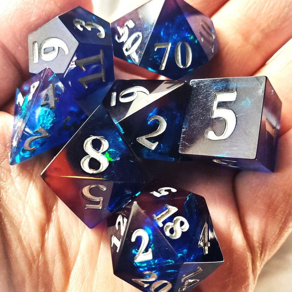 New! Sharp Edge Chonky Earthly Blues with Metallic Glimmer Center Dice set with Silver Numbering