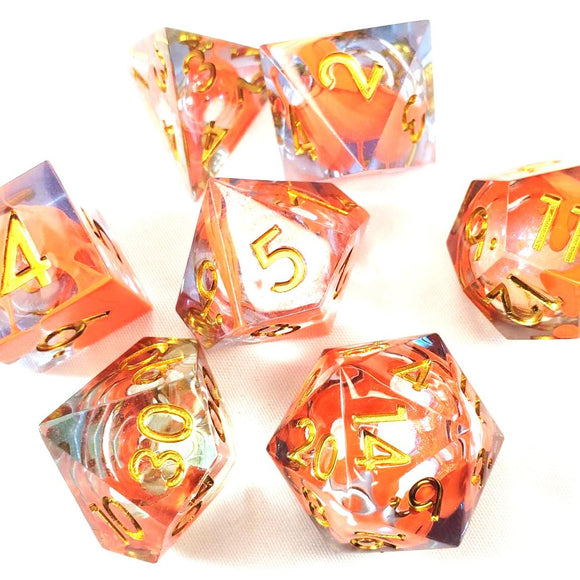 New! LiquidCore Tangerine Colada Party Sharp Edge Resin Premium Dice with Gold Numbering