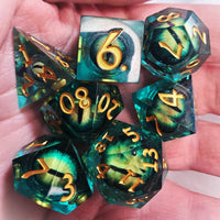 Lime Green LiquidCore Dragon Eye Sharp Edge, Aqua Green Resin Dice Set