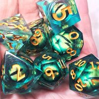 Lime Green LiquidCore Dragon Eye Sharp Edge, Aqua Green Resin Dice Set