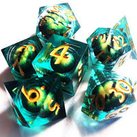 Lime Green LiquidCore Dragon Eye Sharp Edge, Aqua Green Resin Dice Set