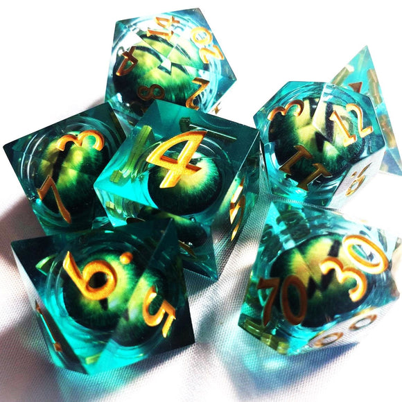 New! Lime Green LiquidCore Dragon Eye Sharp Edge, Aqua Green Resin Dice Set