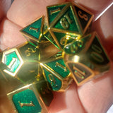 Shiny Emerald Green and Gold Solid Metal Dice Set