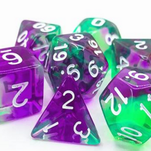 Joker's Wild! Vibrant Purple and Limey Green Acrylic Dice Set w/ White Numbering