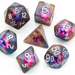 Fierce Pink Fire and Blue Dragon Eye Inclusion Resin Dice Set with Silver Numbering