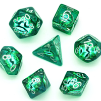 Clear and Green Dragon Eye Inclusion Resin Dice Set with Silver Numbering