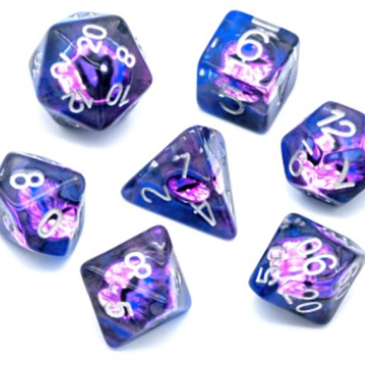 Midnight Blue and Purple Dragon Eye Inclusion Resin Dice Set with Silver Numbering