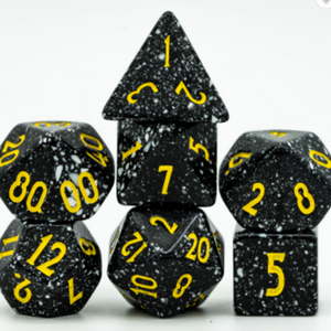 Black and Yellow Galaxy White Speckle Acrylic Dice Set